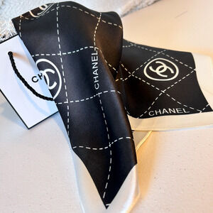 100% SILK Luxury Scarf Designer Logo 20" White on Black Glam Coquette Couture